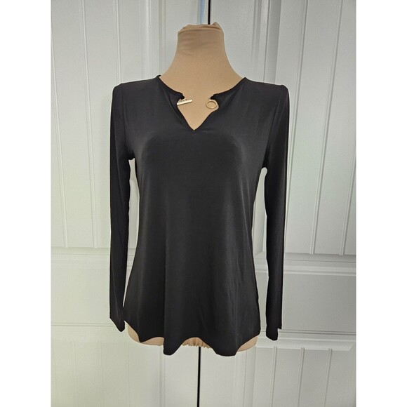 Michael Kors Black Blouse Sz S Gold Tone Logo Hardware NWT Keyhole Neck - Picture 6 of 9